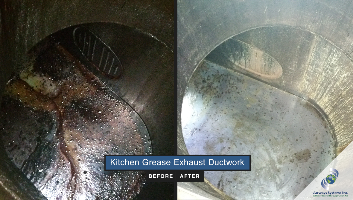 Kitchen exhaust ductwork before and after cleaning by Airways Systems