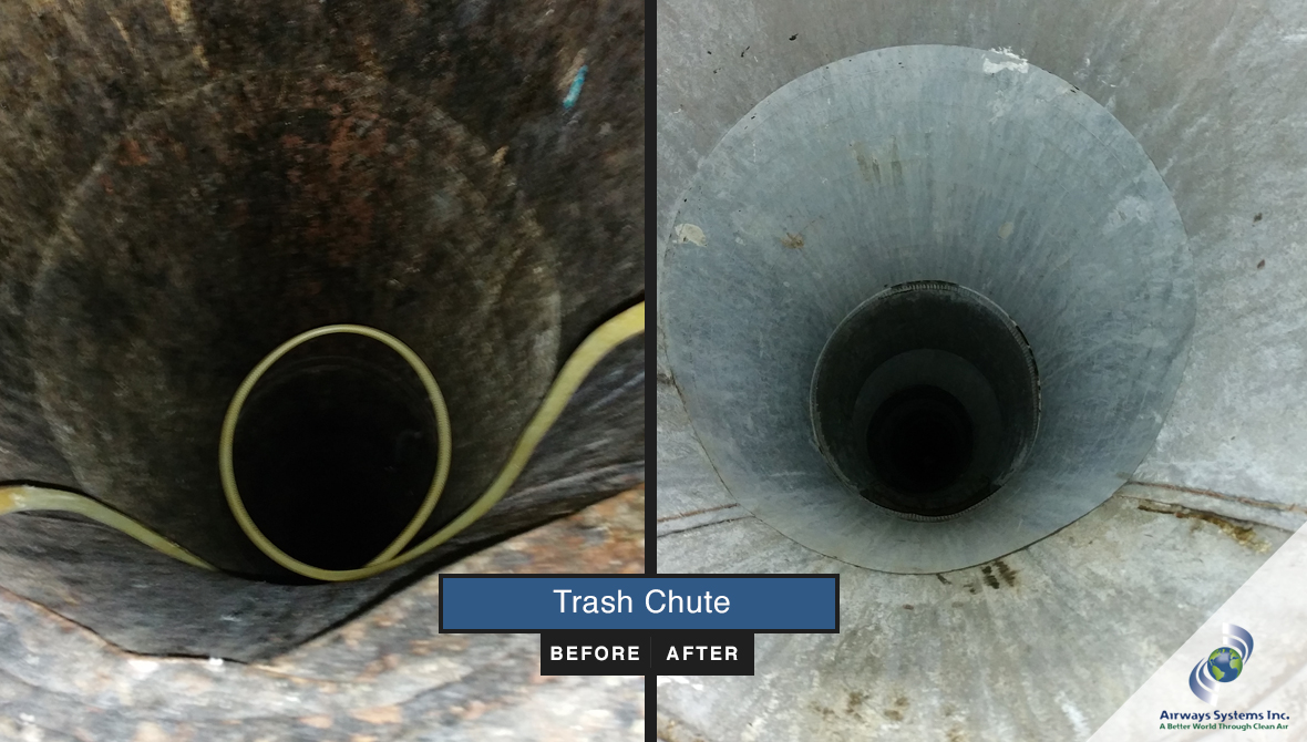 Trash chute before and after cleaning by Airways Systems